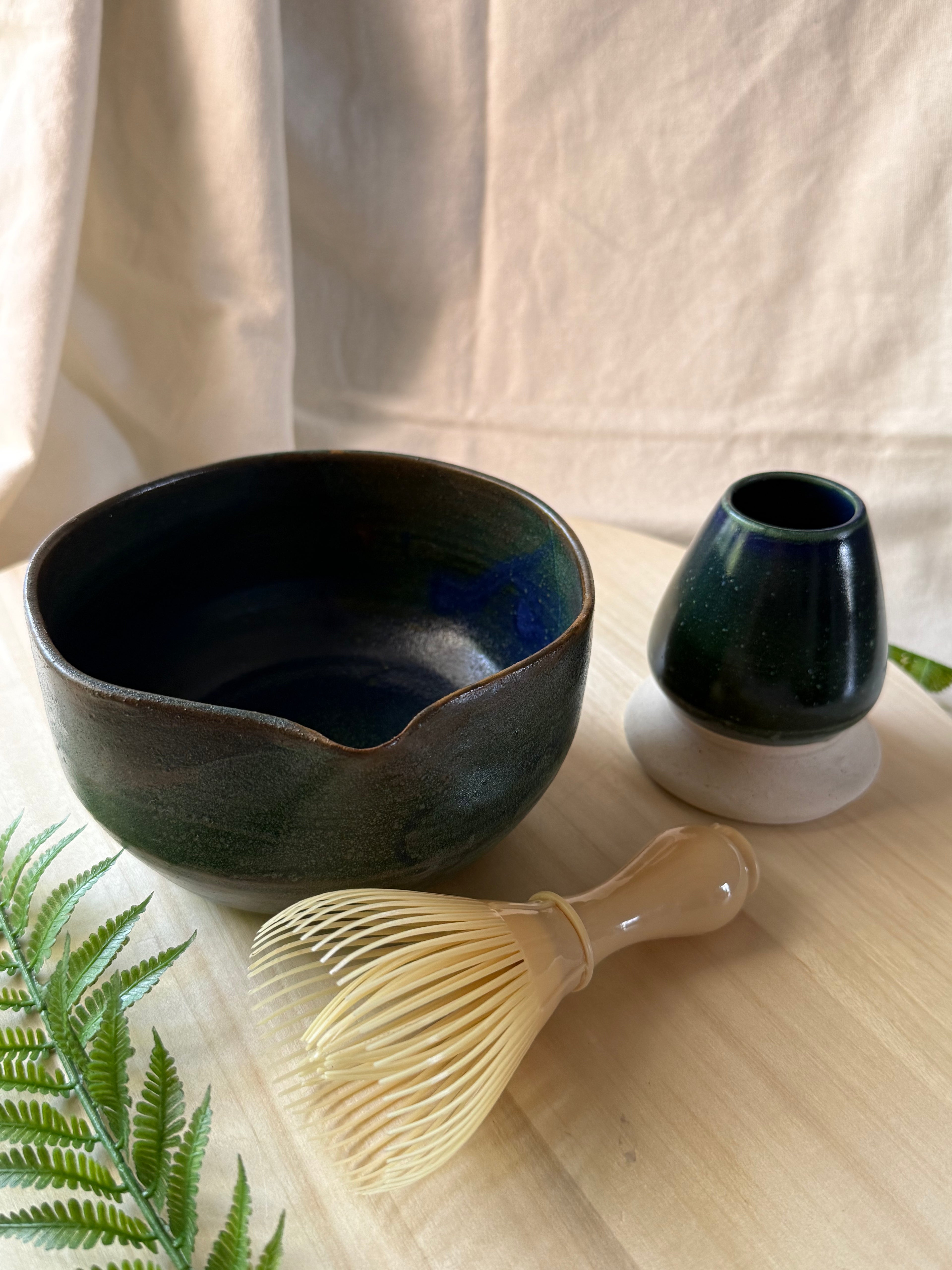 Twilight Fern Matcha Bowl + whisk holder